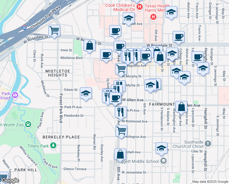 map of restaurants, bars, coffee shops, grocery stores, and more near 1622 West Allen Avenue in Fort Worth
