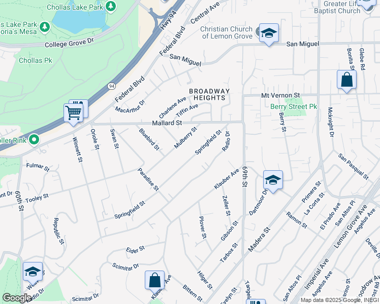 map of restaurants, bars, coffee shops, grocery stores, and more near 6692 Springfield Street in San Diego
