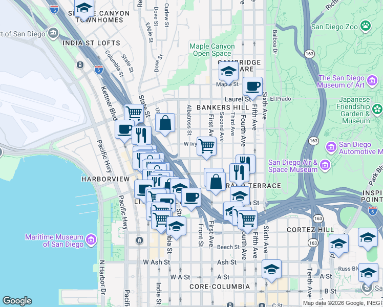 map of restaurants, bars, coffee shops, grocery stores, and more near 2123 Albatross Street in San Diego