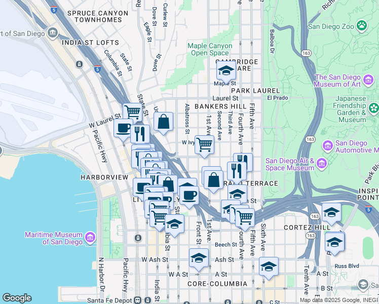 map of restaurants, bars, coffee shops, grocery stores, and more near 2121 Albatross Street in San Diego