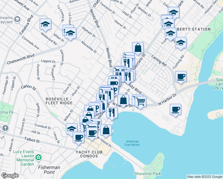 map of restaurants, bars, coffee shops, grocery stores, and more near 3015 Ingelow Street in San Diego