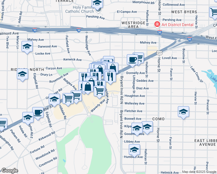 map of restaurants, bars, coffee shops, grocery stores, and more near 6115 Camp Bowie Boulevard in Fort Worth