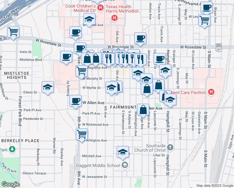 map of restaurants, bars, coffee shops, grocery stores, and more near 1605 5th Avenue in Fort Worth