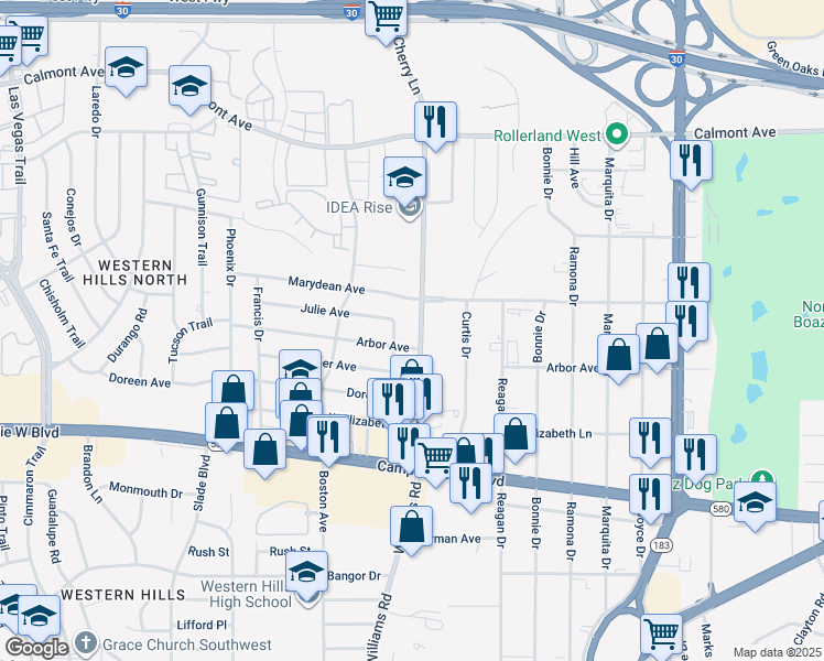 map of restaurants, bars, coffee shops, grocery stores, and more near 3124 South Cherry Lane in Fort Worth