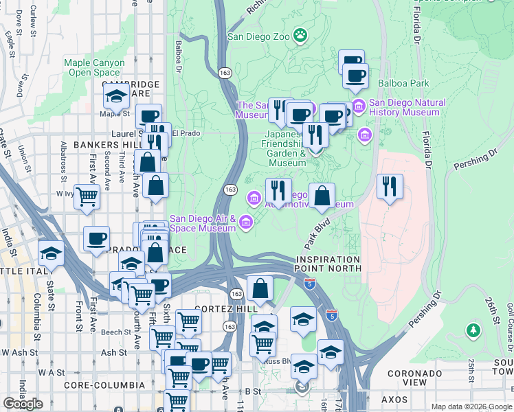 map of restaurants, bars, coffee shops, grocery stores, and more near 2005 Pan American Plaza in San Diego