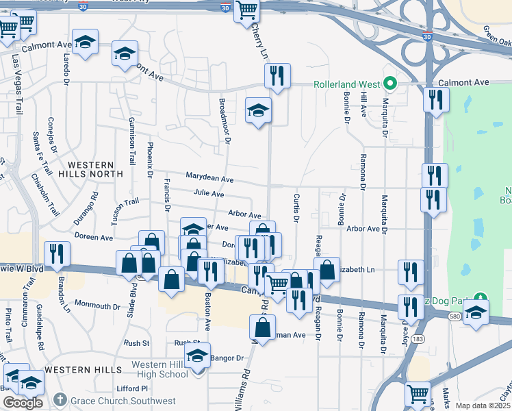 map of restaurants, bars, coffee shops, grocery stores, and more near 3155 Karen Street in Fort Worth