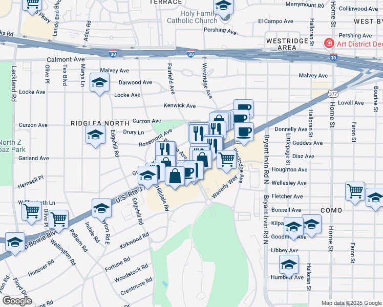 map of restaurants, bars, coffee shops, grocery stores, and more near 6350 Camp Bowie Boulevard in Fort Worth