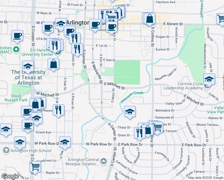 map of restaurants, bars, coffee shops, grocery stores, and more near 319 Rose Street in Arlington