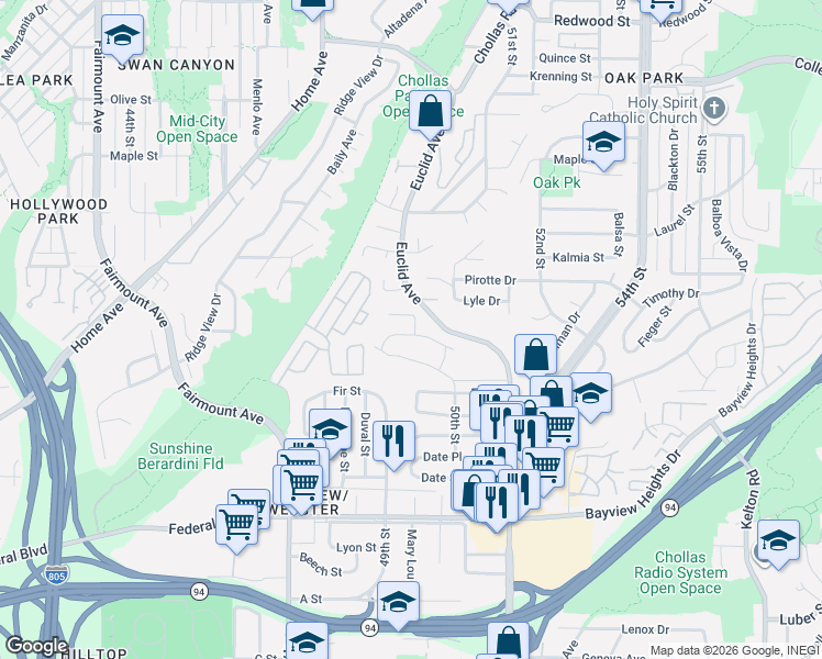 map of restaurants, bars, coffee shops, grocery stores, and more near 4948 Deaton Drive in San Diego
