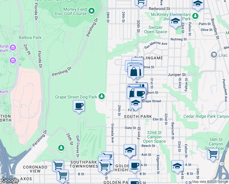 map of restaurants, bars, coffee shops, grocery stores, and more near 2016 29th Street in San Diego