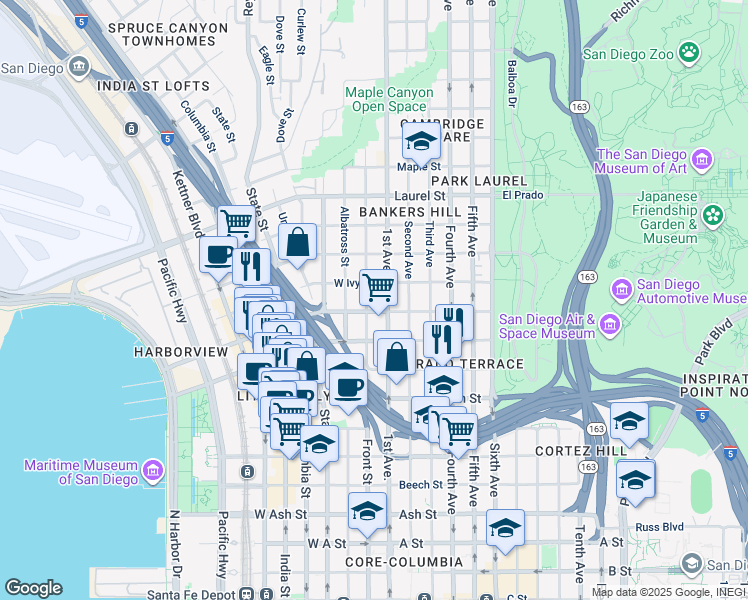 map of restaurants, bars, coffee shops, grocery stores, and more near in San Diego