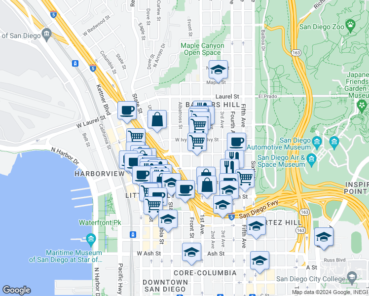 map of restaurants, bars, coffee shops, grocery stores, and more near in San Diego