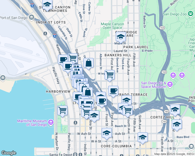 map of restaurants, bars, coffee shops, grocery stores, and more near 338 West Hawthorn Street in San Diego