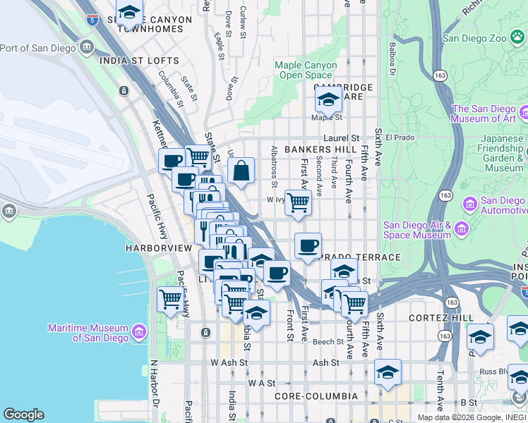 map of restaurants, bars, coffee shops, grocery stores, and more near 338 West Hawthorn Street in San Diego