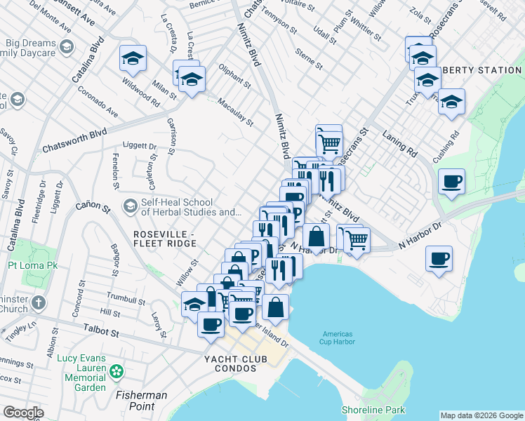 map of restaurants, bars, coffee shops, grocery stores, and more near 3131 Hugo Street in San Diego