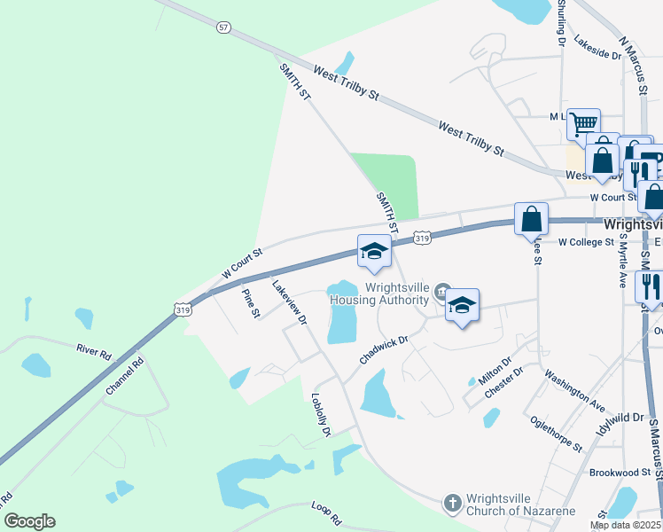 map of restaurants, bars, coffee shops, grocery stores, and more near 107 Shawn Drive in Wrightsville
