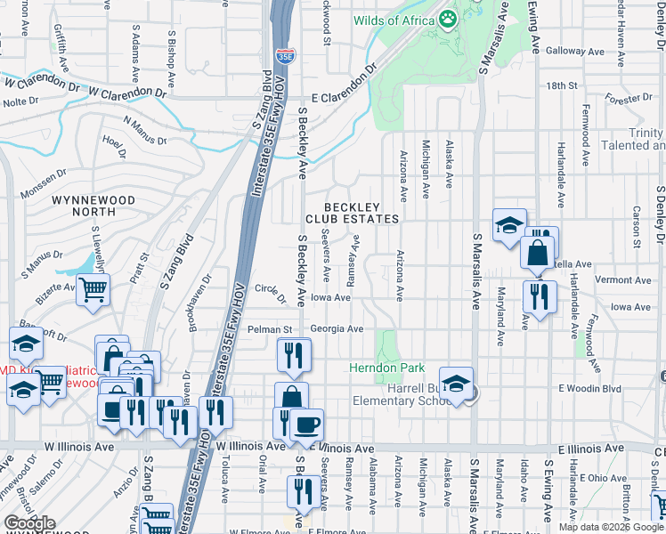 map of restaurants, bars, coffee shops, grocery stores, and more near 1719 Seevers Avenue in Dallas