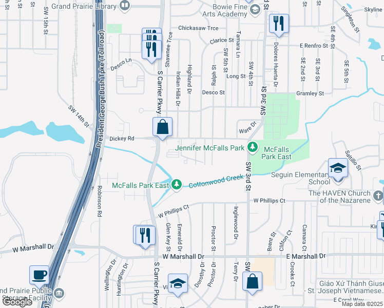map of restaurants, bars, coffee shops, grocery stores, and more near 565 Dickey Road in Grand Prairie