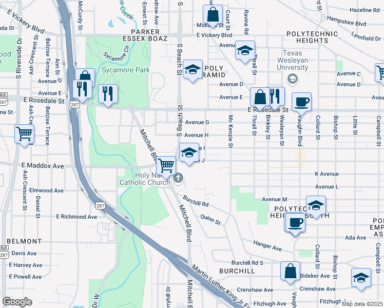 map of restaurants, bars, coffee shops, grocery stores, and more near 1801 South Beach Street in Fort Worth