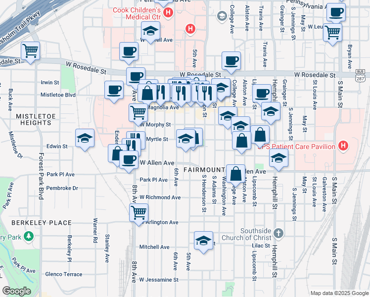 map of restaurants, bars, coffee shops, grocery stores, and more near 1630 5th Avenue in Fort Worth