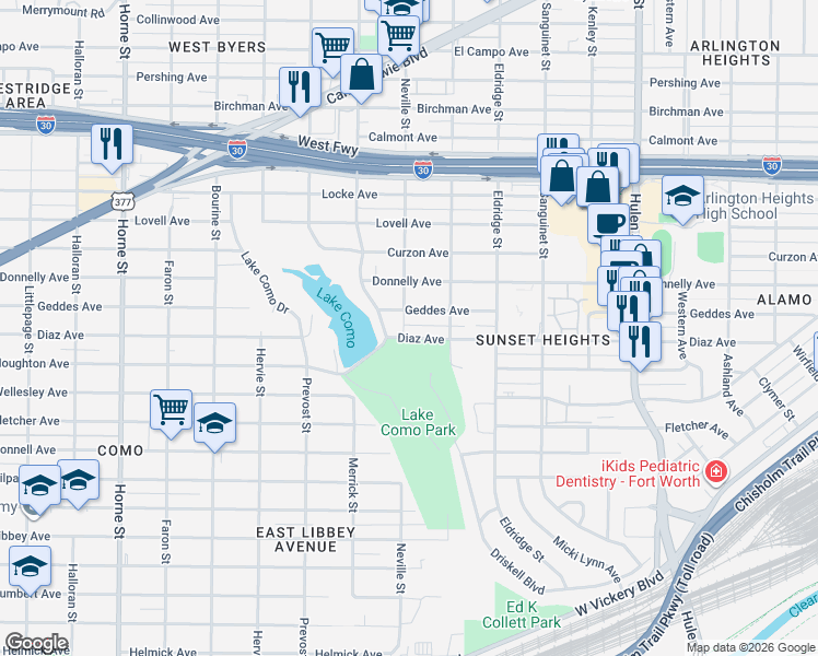 map of restaurants, bars, coffee shops, grocery stores, and more near 5001 Diaz Avenue in Fort Worth