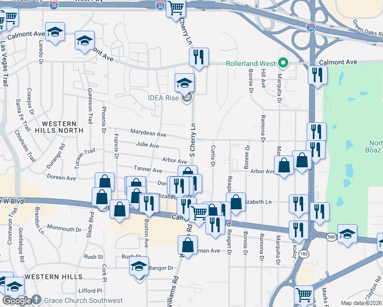 map of restaurants, bars, coffee shops, grocery stores, and more near 3129 South Cherry Lane in Fort Worth