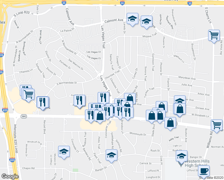 map of restaurants, bars, coffee shops, grocery stores, and more near 3213 Las Vegas Trail in Fort Worth