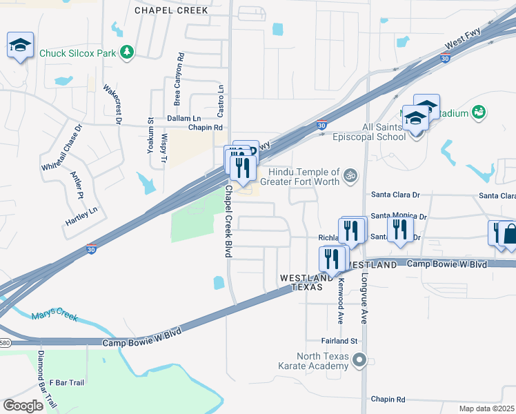 map of restaurants, bars, coffee shops, grocery stores, and more near 10109 Chapel Rock Drive in Fort Worth