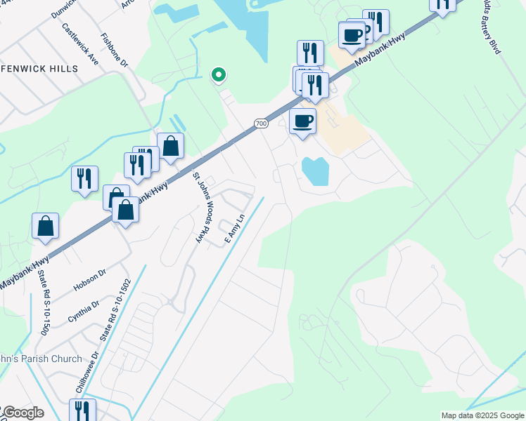 map of restaurants, bars, coffee shops, grocery stores, and more near 3295 Berryhill Road in Johns Island