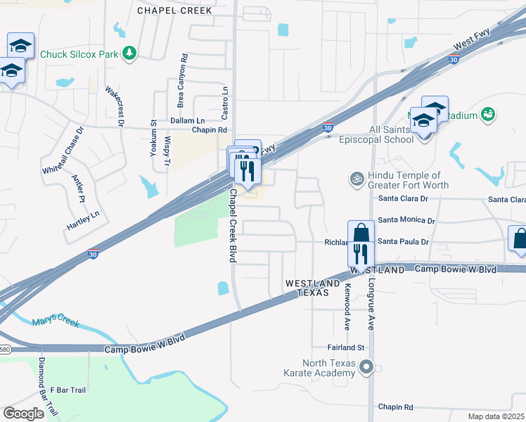 map of restaurants, bars, coffee shops, grocery stores, and more near 10109 Chapel Rock Drive in Fort Worth