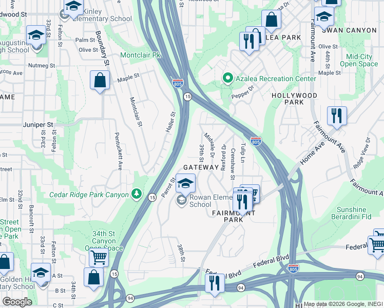 map of restaurants, bars, coffee shops, grocery stores, and more near 3850 Westgate Place in San Diego