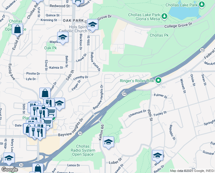 map of restaurants, bars, coffee shops, grocery stores, and more near 2003 Bayview Heights Drive in San Diego