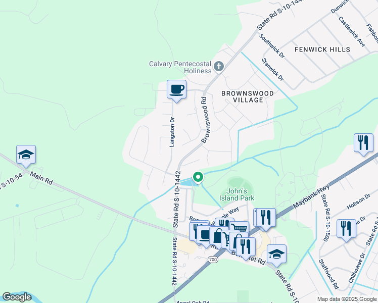 map of restaurants, bars, coffee shops, grocery stores, and more near 1603 Brownswood Road in Johns Island