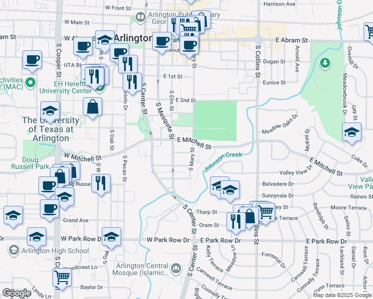 map of restaurants, bars, coffee shops, grocery stores, and more near 313 Rose Street in Arlington