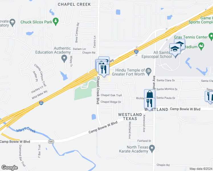 map of restaurants, bars, coffee shops, grocery stores, and more near 10157 Chapel Springs Trail in Fort Worth