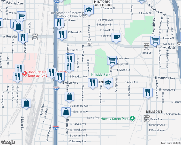 map of restaurants, bars, coffee shops, grocery stores, and more near 1034 East Maddox Avenue in Fort Worth