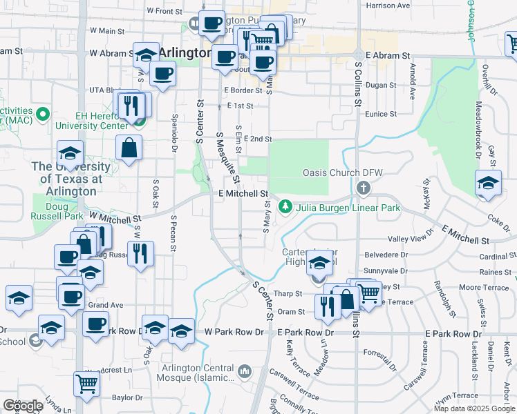 map of restaurants, bars, coffee shops, grocery stores, and more near 313 Rose Street in Arlington