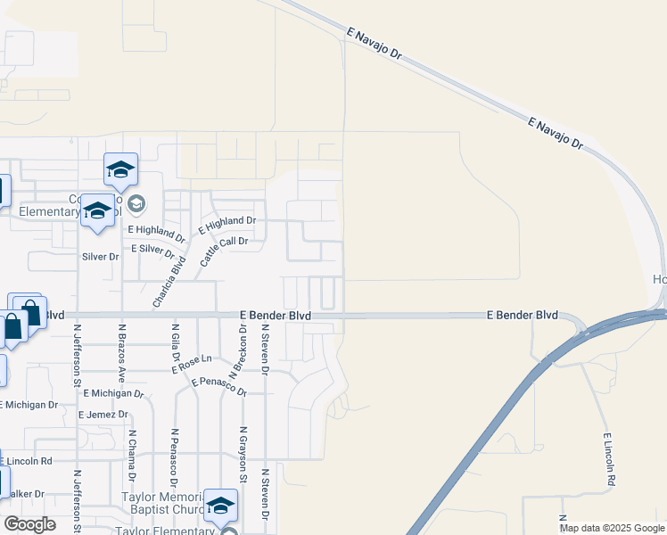 map of restaurants, bars, coffee shops, grocery stores, and more near 2123 Heritage Lane in Hobbs