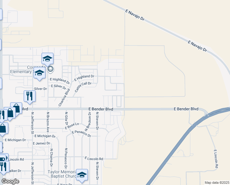 map of restaurants, bars, coffee shops, grocery stores, and more near 2045 Heritage Lane in Hobbs