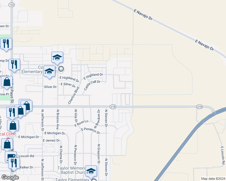 map of restaurants, bars, coffee shops, grocery stores, and more near 2003 Heritage Lane in Hobbs