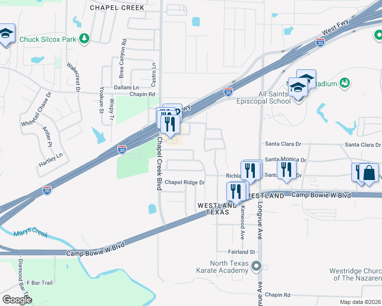 map of restaurants, bars, coffee shops, grocery stores, and more near 10125 Chapel Springs Trail in Fort Worth