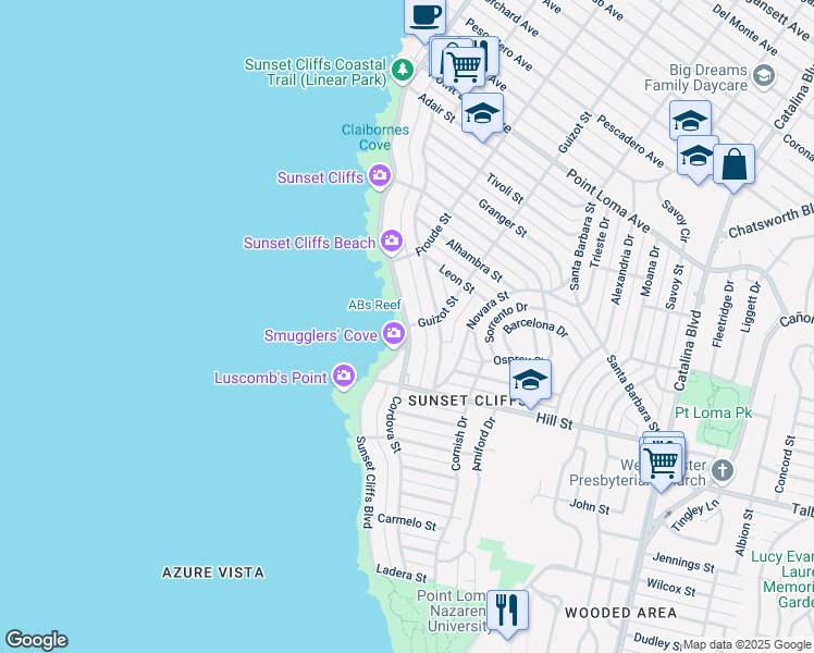 map of restaurants, bars, coffee shops, grocery stores, and more near Sunset Cliffs Blvd & Guizot St in San Diego