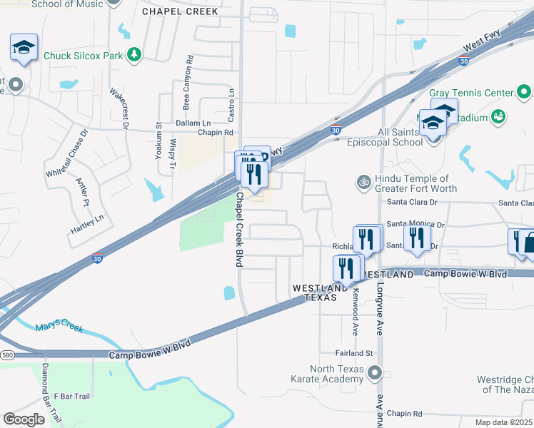 map of restaurants, bars, coffee shops, grocery stores, and more near 10149 Chapel Springs Trail in Fort Worth
