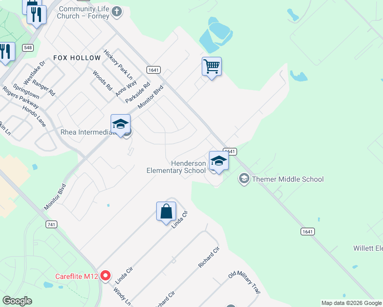 map of restaurants, bars, coffee shops, grocery stores, and more near 149 Conchas Drive in Forney