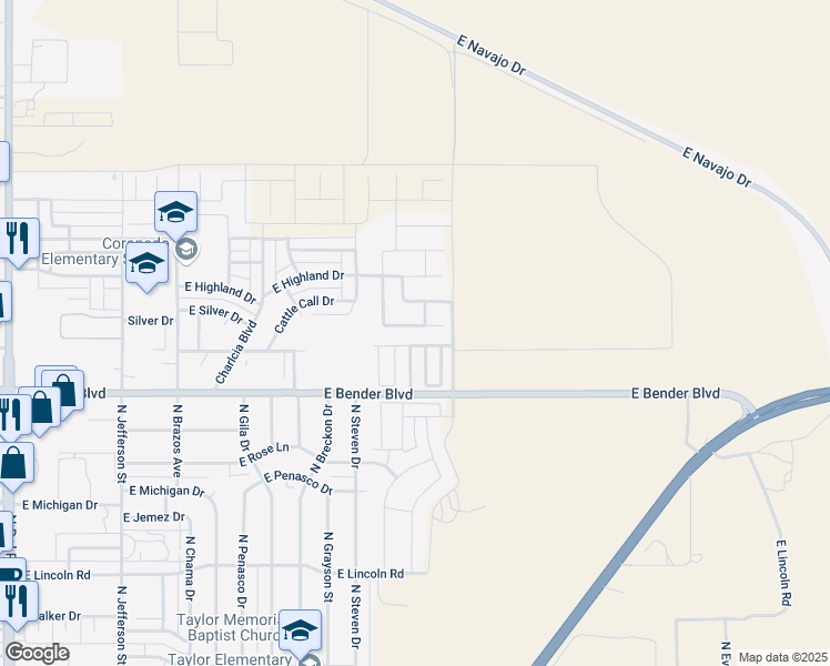 map of restaurants, bars, coffee shops, grocery stores, and more near 2039 Heritage Lane in Hobbs