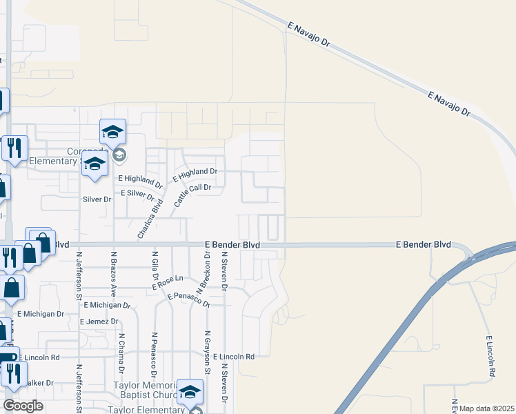 map of restaurants, bars, coffee shops, grocery stores, and more near 2033 Heritage Lane in Hobbs