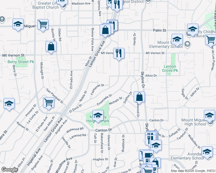 map of restaurants, bars, coffee shops, grocery stores, and more near 2074 El Dora Street in Lemon Grove