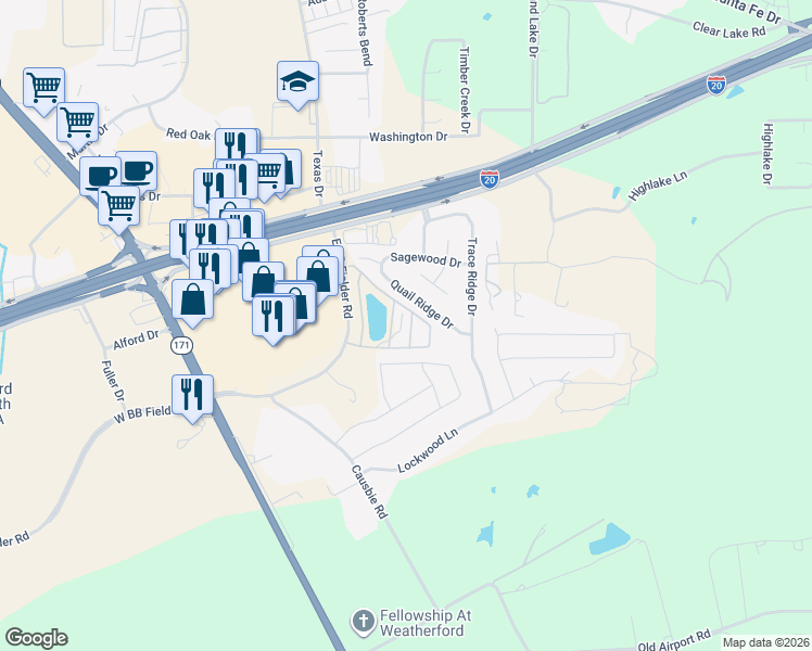 map of restaurants, bars, coffee shops, grocery stores, and more near 525 Paloma St in Weatherford