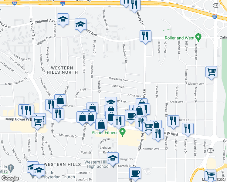 map of restaurants, bars, coffee shops, grocery stores, and more near 8118 Arbor Avenue in Fort Worth