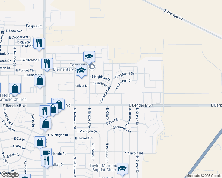map of restaurants, bars, coffee shops, grocery stores, and more near 1600 Chuckwagon Drive in Hobbs